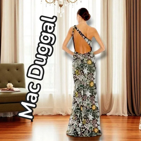 Mac Duggal Black, Silver and Pink Floral Sequin, Backless Cutout Dress - Picture 2 of 8